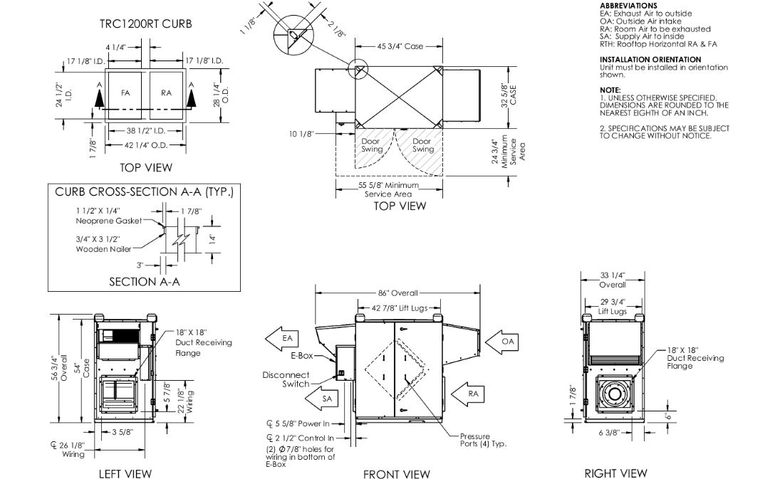 Dimensional drawing for the TRC1200 model.