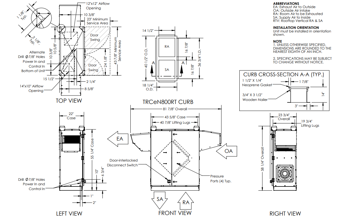 Dimensional drawing for the TRC1600 model.